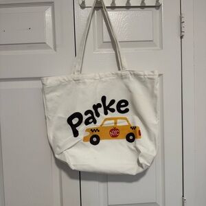 Parke White Tote Bag with Yellow Taxi Design